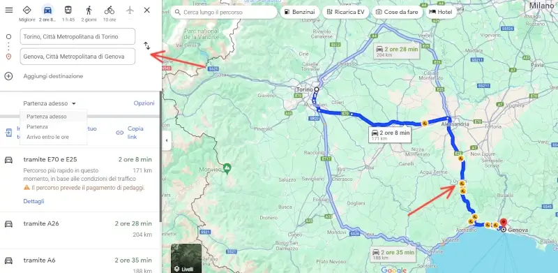 Ecco la mappa con l'itinerario per tragitto impostato