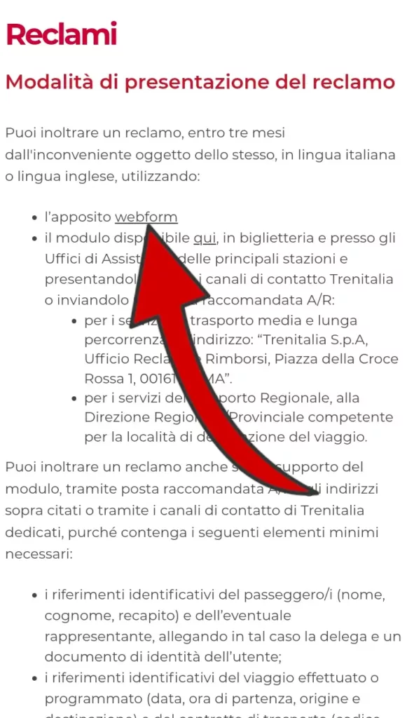 4 da App Trenitalia - clicca su webform per inviare il reclamo online