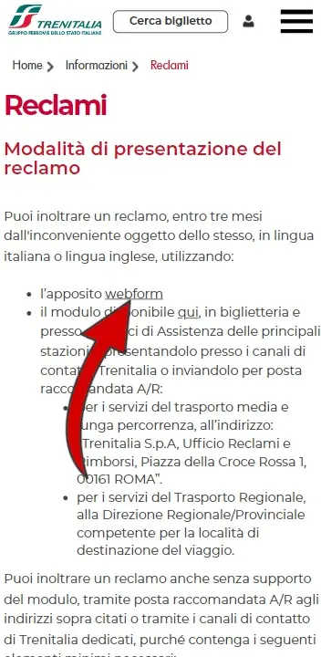 4 da Telefono - visualizza tutti i modi per inviare un reclamo a trenitalia e clicca webform per inviarlo online