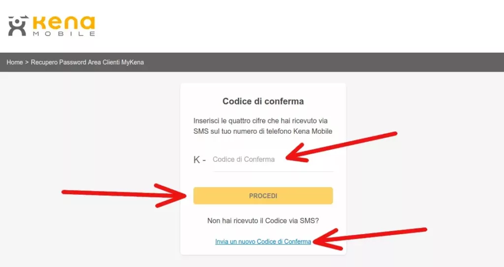 6 - inserisci il codice di conferma ricevuto da Kena Mobile