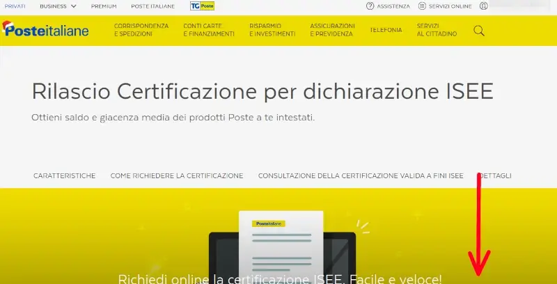 5 da Pc sul sito delle Poste - scorri nella pagina di richiesta isee per scaricare la certificazione