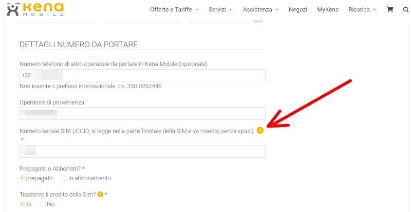 Devi inserire il numero seriale che trovi sulla tua SIM attuale