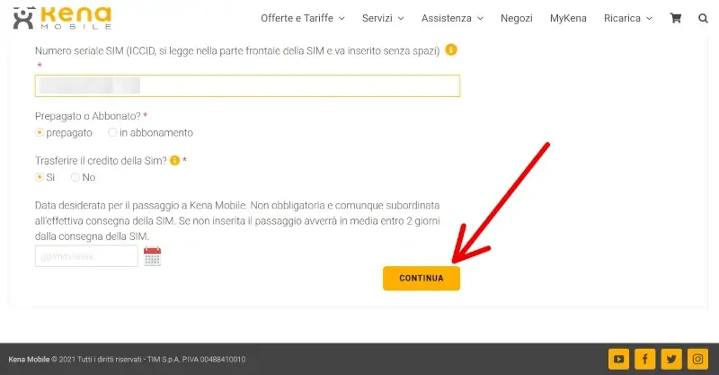 Inserire le informazioni richieste sull'attuale SIM per passare a Kena