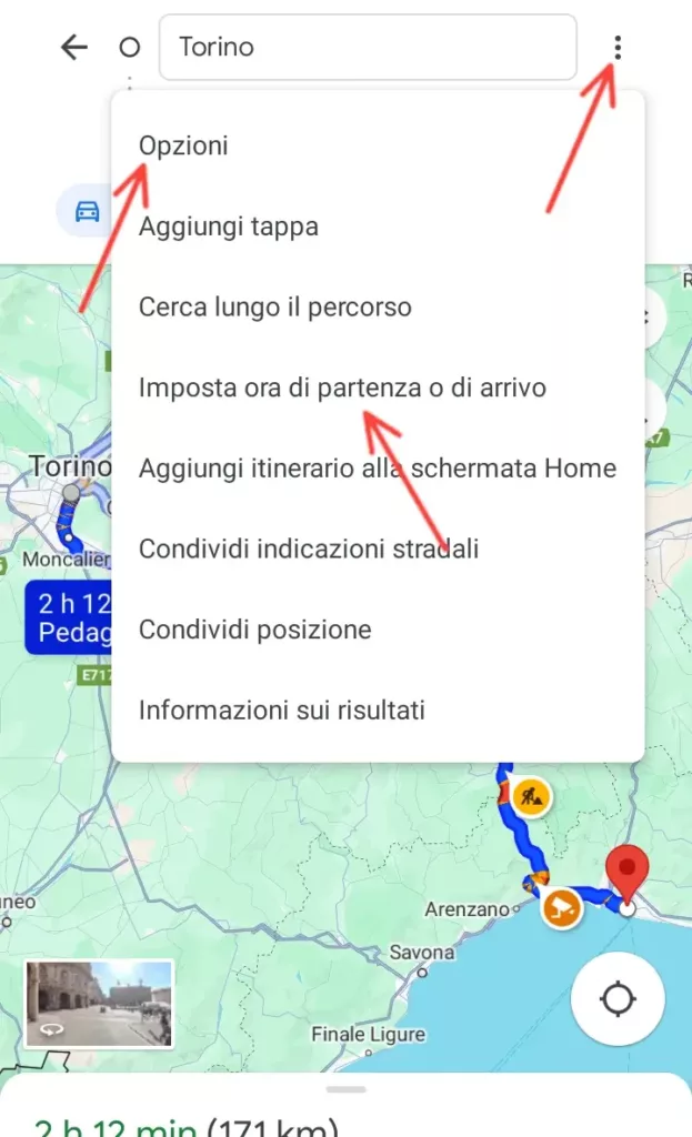 Puoi personalizzare l'itinerario di viaggio e impostare un ora di partenza o di arrivo