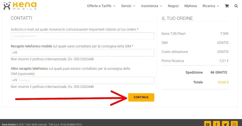 Devi inserire dei contatti alternativi a cui poter essere contattati da Kena Mobile