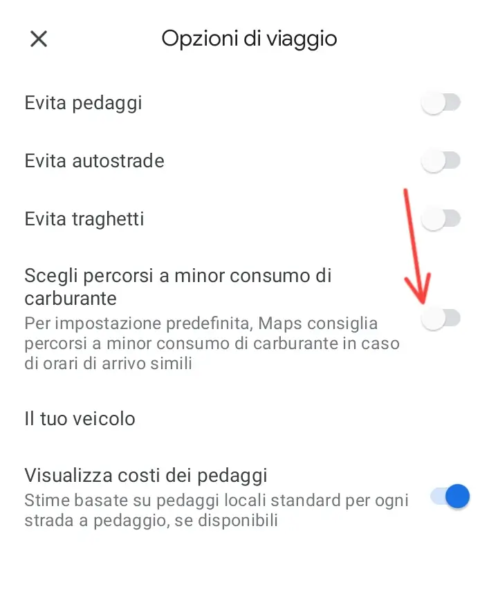 Da mobile, puoi anche scegliere di vedere i percorsi a minor consumi di carburante