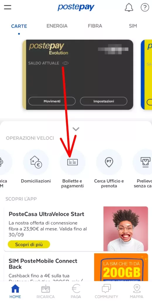 1 app PostePay - apri l'app e clicca su Bollette e pagamenti scorrendo nella sezione operazioni veloci