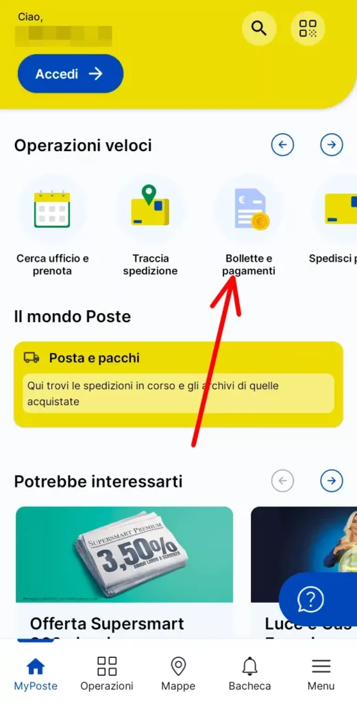 1 app Ufficio Postale - apri l'app fai l'accesso e clicca su Bollette e pagamenti