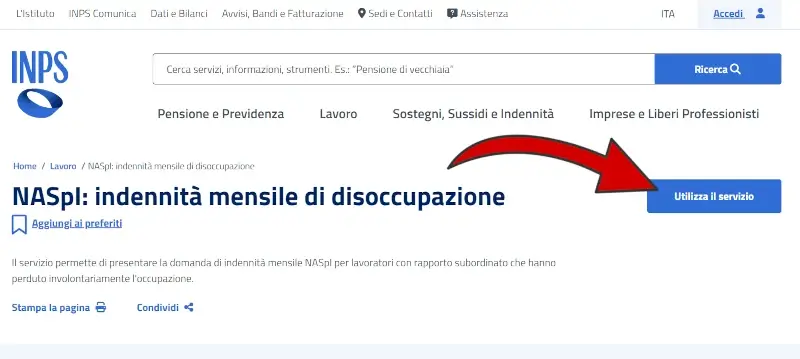 1 domanda disoccupazione - vai alla pagina inps e clicca su utilizza il servizio