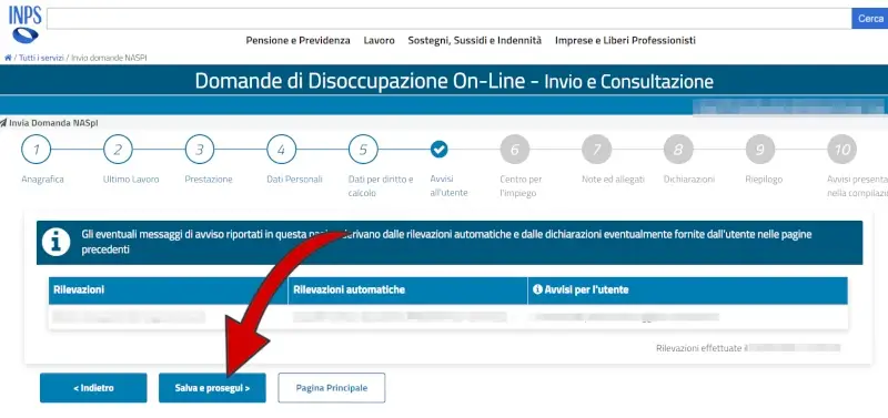 15 domanda disoccupazione Inps - visualizza eventuali avvisi per l'utente in base ai dati inseriti