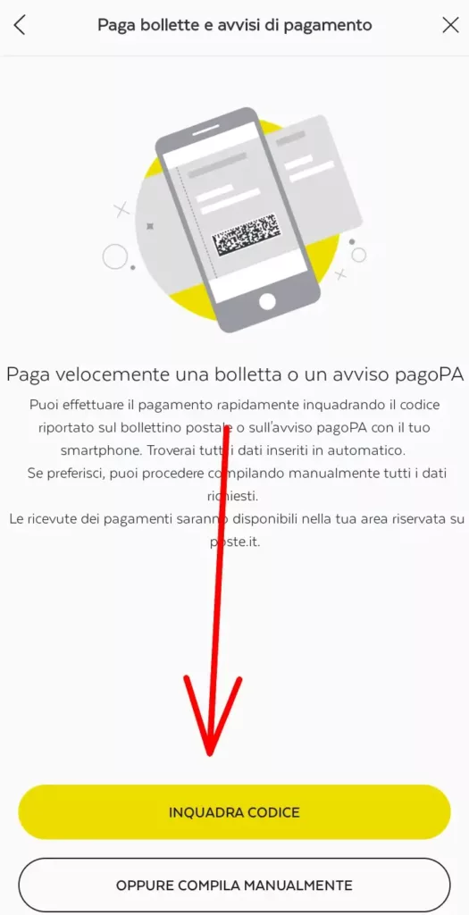 3 app PostePay - Inquadra il codice sopra il bollettino pagopa