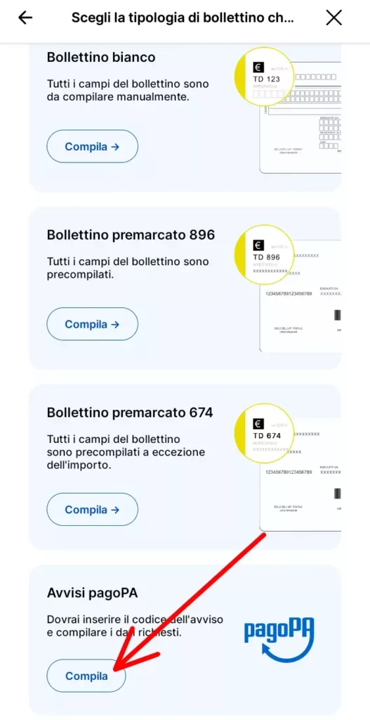 4 app Ufficio Postale - scegli avvisi pagopa se compili manualmente i dati