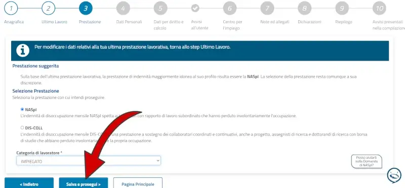 9 domanda disoccupazione Inps - ogni passaggio clicca su salva e prosegui