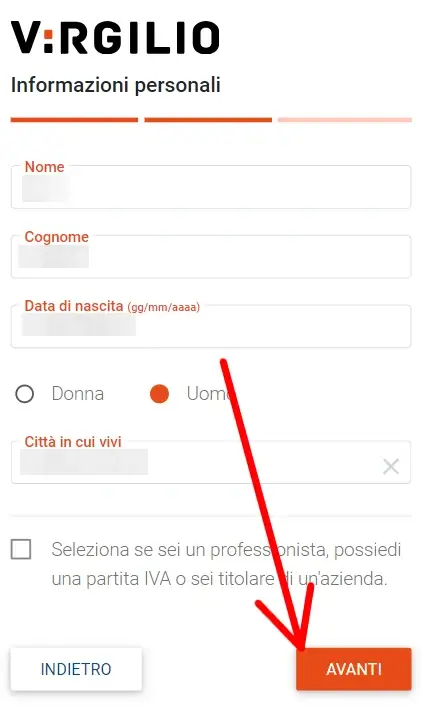 Come creare la tua email su Virgilio 10 - inserisci i tuoi dati richiesti da virgilio e clicca avanti