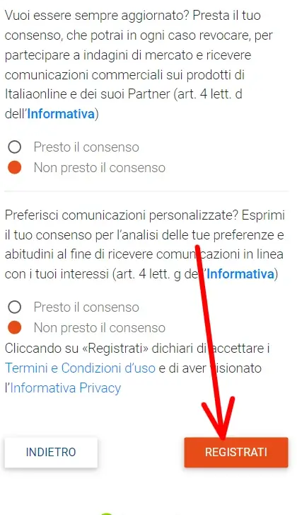 Come creare la tua email su Virgilio 12 - presta il consenso o meno alle clausole e clicca su registrati