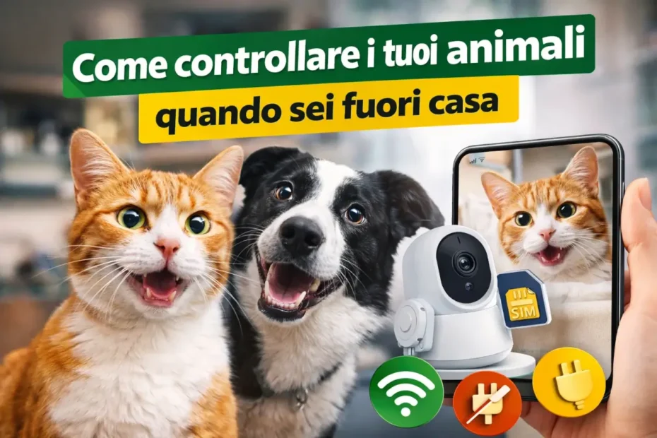 Cane e gatto sorridenti con telecamera di sicurezza e smartphone, rappresentazione del controllo degli animali domestici da remoto