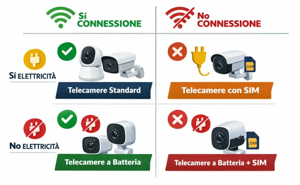 Infografica che mostra quale telecamera scegliere in base a connessione internet ed elettricità: telecamere standard, con SIM, a batteria e batteria con SIM