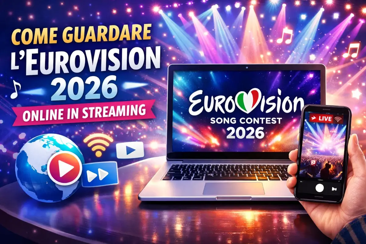 Thumbnail colorata dell’Eurovision Song Contest 2026 con laptop e smartphone che mostrano lo streaming live del festival, luci da palco multicolori e testo “Come guardare l’Eurovision 2026 online in streaming”.