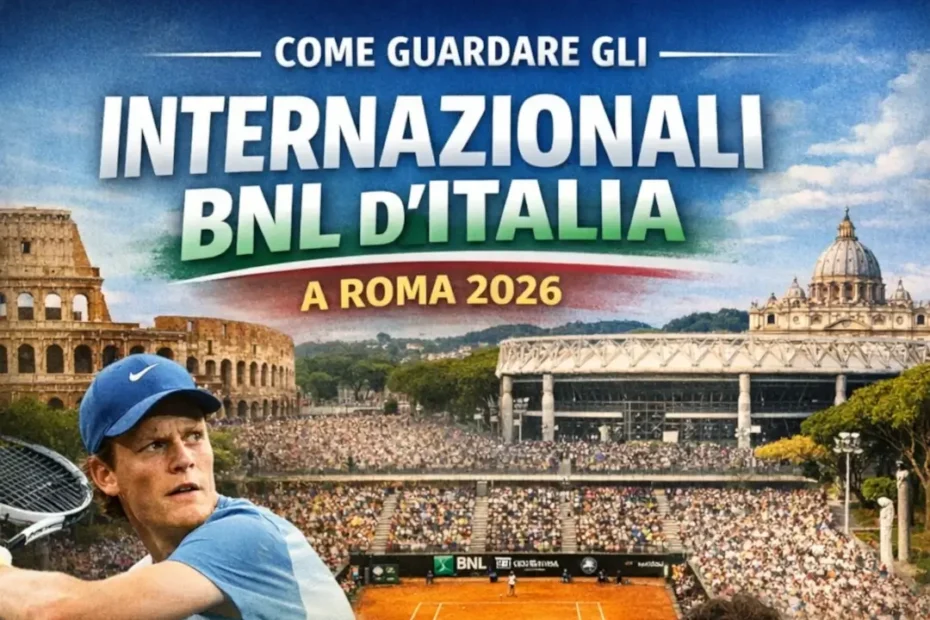 Jannik Sinner pronto a colpire in prima impressione nella grafica che presenta la guida per guardare in streaming gli internazionali Bnl d'Italia a Roma nel 2026.