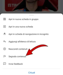Secondo passaggio: clicca su segnala contenuti.