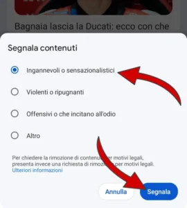 Terzo passaggio: seleziona il motivo della segnalazione e clicca su segnala per inviarla a google