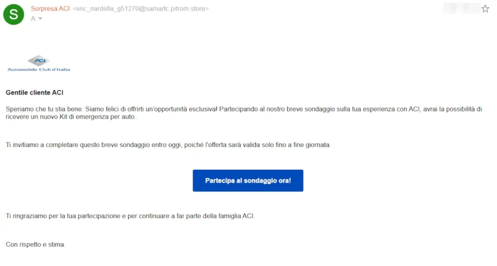 Truffa email del sondaggio ACI per vincere kit auto
