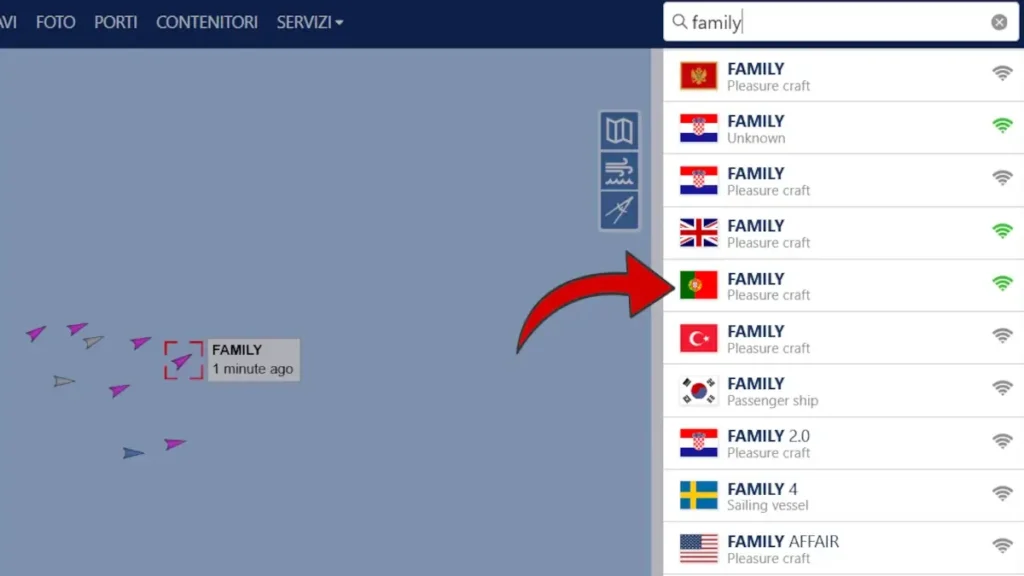 Su questi tracker, per trovare la flotta, puoi cercare la nave Family con bandiera portoghese.
