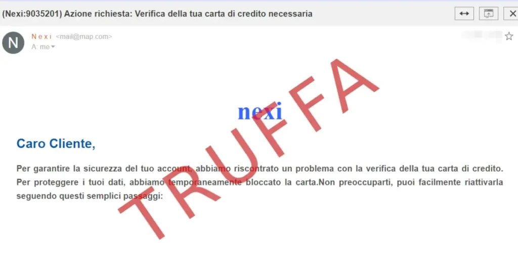 Immagine in evidenza che mostra la truffa dell'email spoofing che imita Nexi