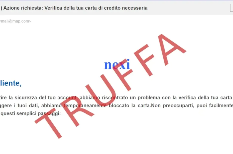 Immagine in evidenza che mostra la truffa dell'email spoofing che imita Nexi
