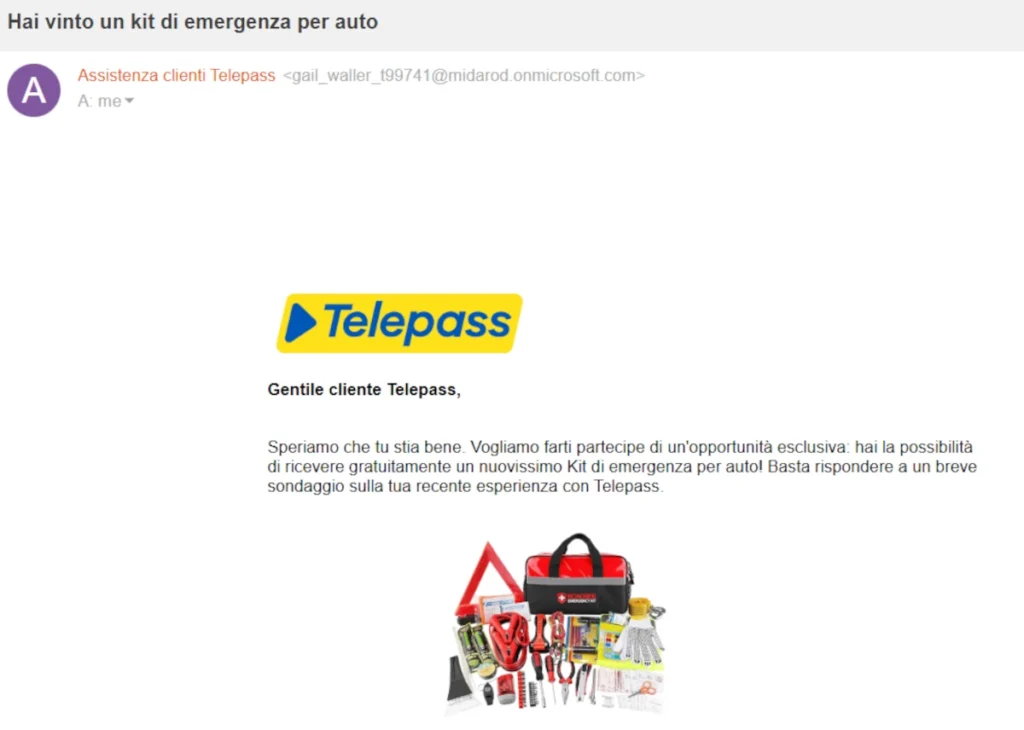 Screenshot della truffa email che imita Telepass