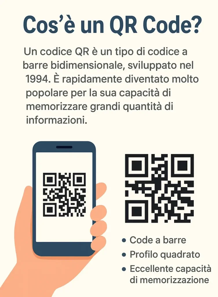 Grafica con QR Code, testo “Cos’è un QR Code” e smartphone che mostra contenuto digitale, spiegazione del funzionamento dei codici QR.