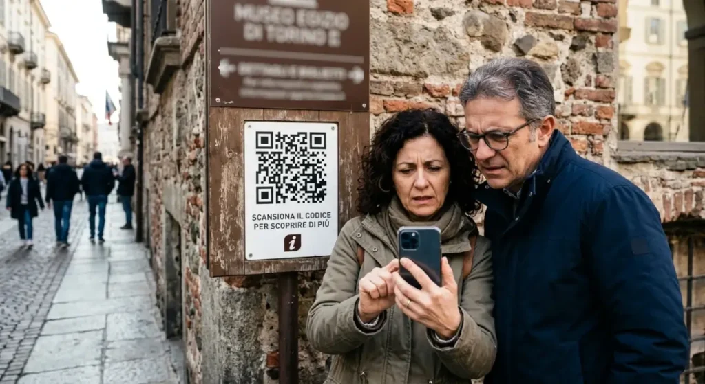 Una coppia di cinquantenni di fronte a un QR code turistico con lo smartphone in mano cercano di aprire il link delle informazioni.