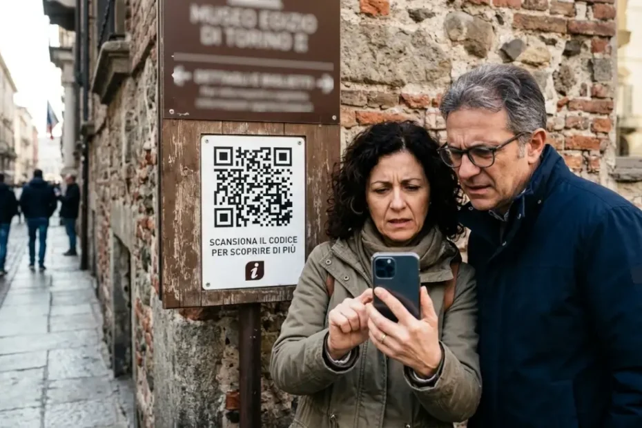 Una coppia di cinquantenni di fronte a un QR code turistico con lo smartphone in mano cercano di aprire il link delle informazioni.