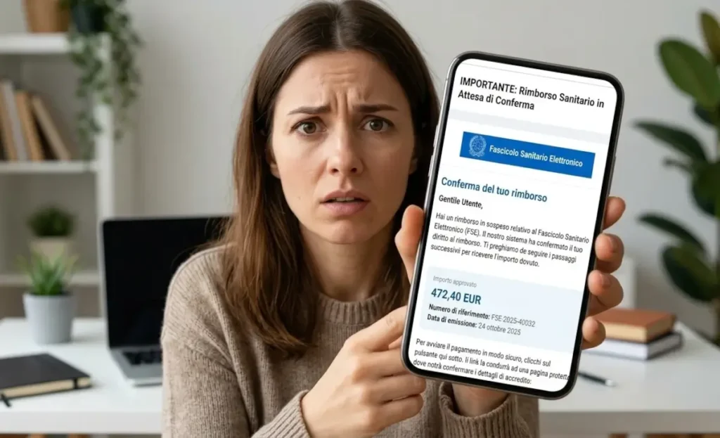 immagine in evidenza per la guida che spiega come funziona la truffa email del finto rimborso per il fascicolo sanitario in cui una donna mostra lo schermo con l'email.
