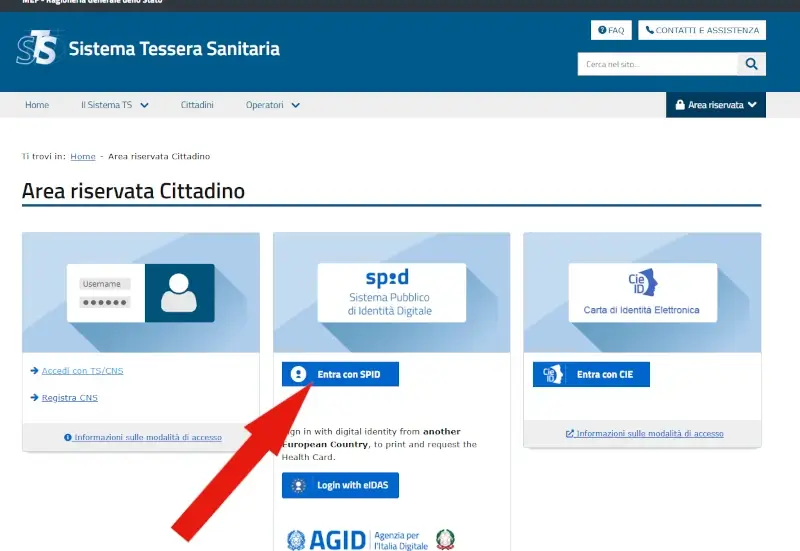 Clicca su Entra con SPID, oppure usa uno degli altri metodi tra CIE, CNS, eIDAS.
