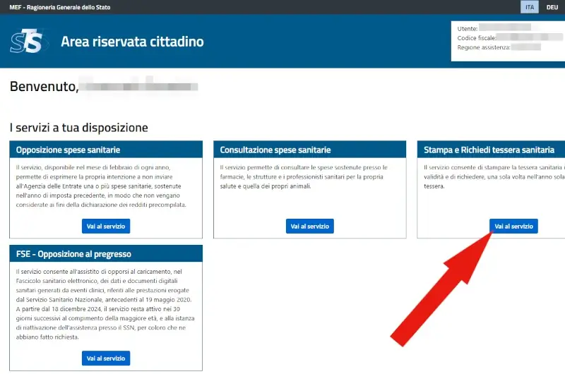 Clicca su Vai al servizio nel riquadro stampa e richiedi la tessera sanitaria.