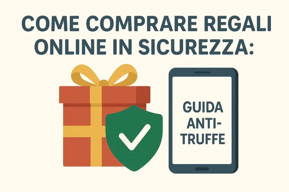 Immagine principale della guida con un pacco regalo rosso e nastro dorato accanto a uno scudo verde con spunta bianca e a uno smartphone che mostra la scritta Guida anti-truffe.