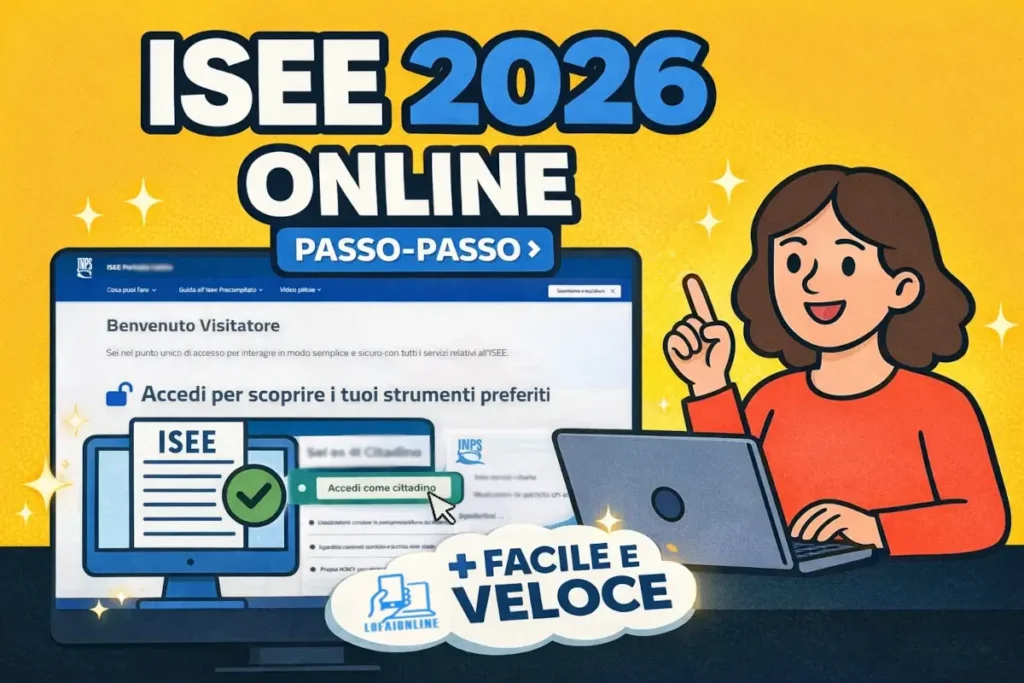 Immagine in evidenza della guida per fare l'ISEE 2026 online, che raffigura una donna cartone animato, davanti al pc, che da istruzioni.