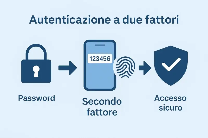 Infografica che spiega cos’è l’autenticazione a due fattori: password e secondo fattore per un accesso più sicuro.