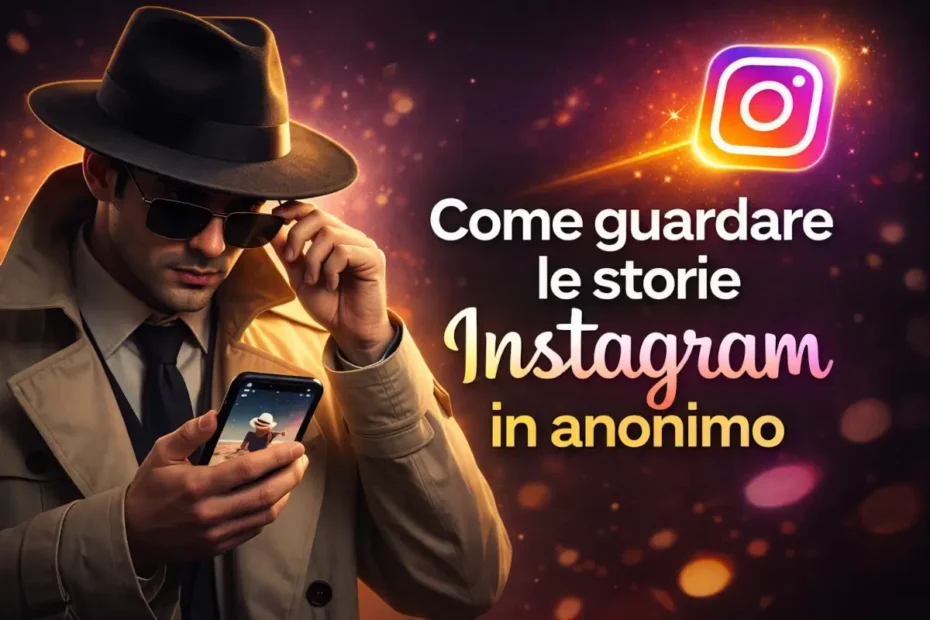 Persona con cappello e occhiali da sole guarda il telefono per vedere una storia Instagram in anonimo