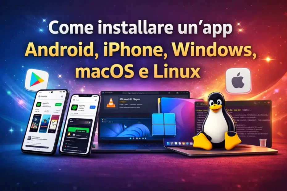 Anteprima grafica con dispositivi Android, iPhone, PC Windows, Mac e Linux e testo: Come installare un’app