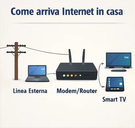 Immagine che mostra il cavo di internet che arriva dal palo e si collega a un modem che poi distribuisce il segnale