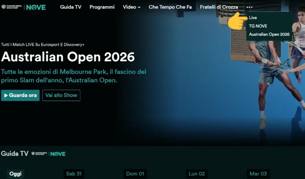 Screenshot del sito del canale NOVE  e del menù da cui cliccare su Live per guardare la diretta dal computer.