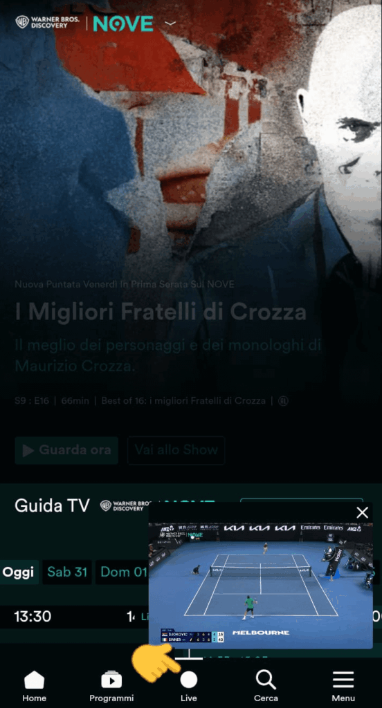 Screenshot del live player per la diretta del canale NOVE su smartphone tramite browser.