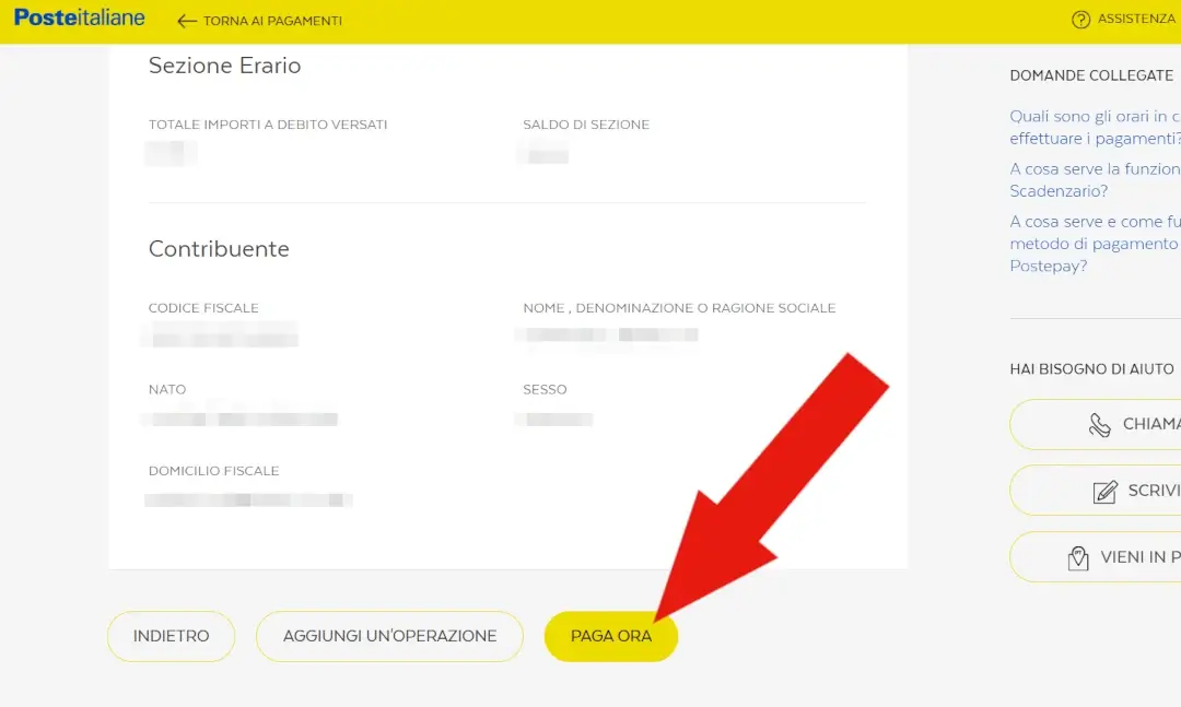 Screenshot del riassunto dei dati inseriti e del pulsante Paga ora.