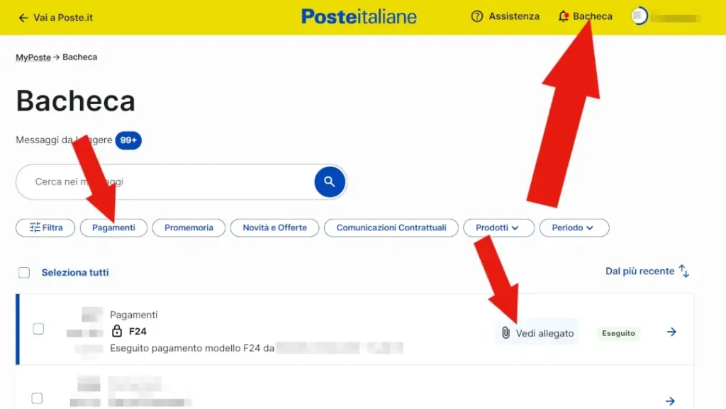 Screenshot della Bacheca MyPoste da cui scaricare la ricevuta del pagamento F24.