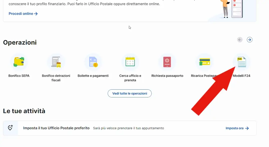 Nell'immagine l'area personale MyPoste e il servizio Modelli F24 da cliccare.