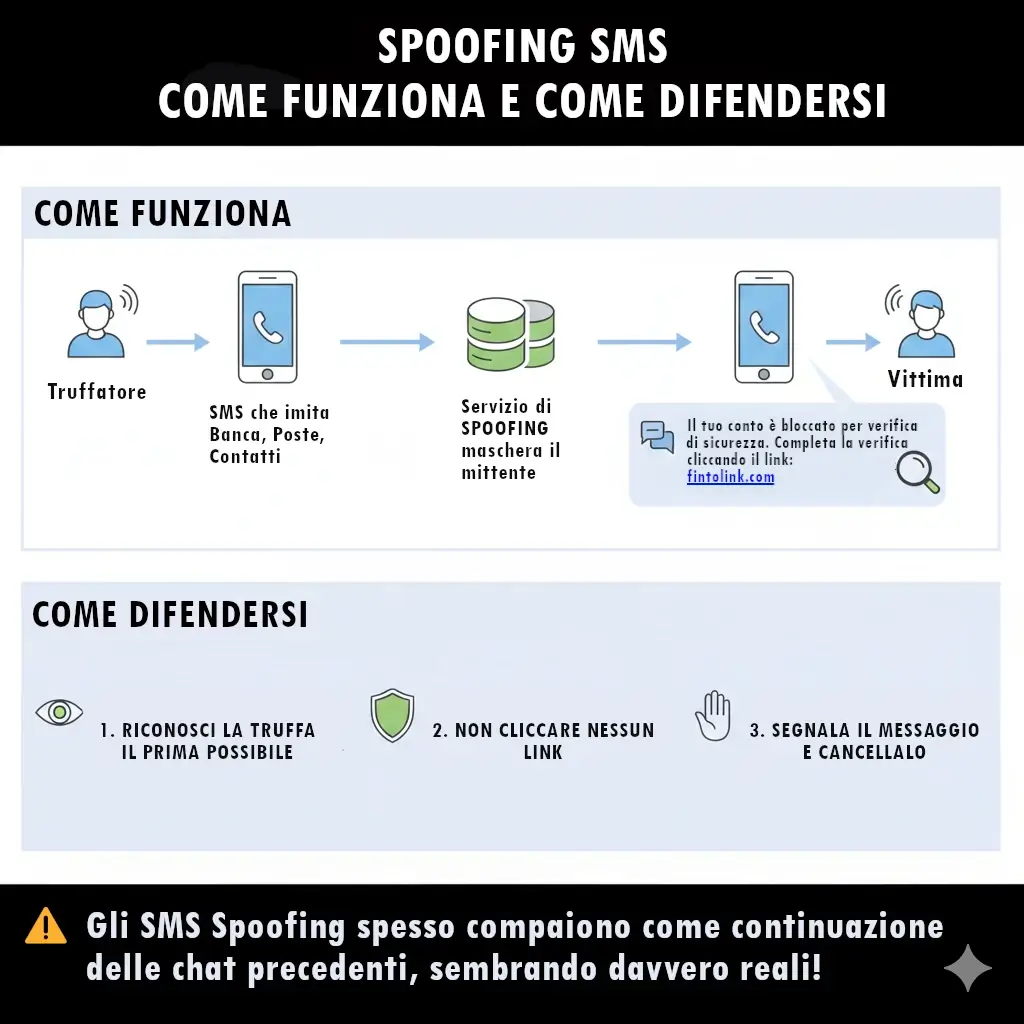 Infografica che spiega come funziona la truffa di Spoofing SMS e come difendersi