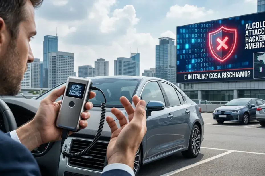 Un uomo seduto in un'auto tiene in mano un dispositivo etilometro Alcolock con il messaggio "SYSTEM LOCKED - CONTACT PROVIDER". Sullo sfondo, un grande cartellone digitale presenta grafiche e testo su un attacco hacker a sistemi Alcolock negli USA e si interroga sui rischi in Italia