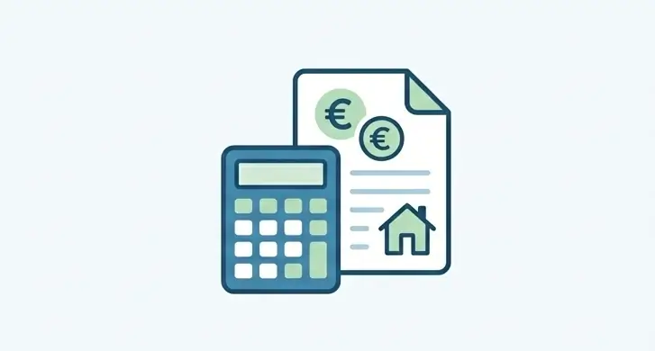 Un calcolatore stilizzato posizionato accanto a un documento grafico che mostra simboli per Euro e il profilo di una casa. Rappresenta il calcolo autonomo e la richiesta online dell'ISEE.